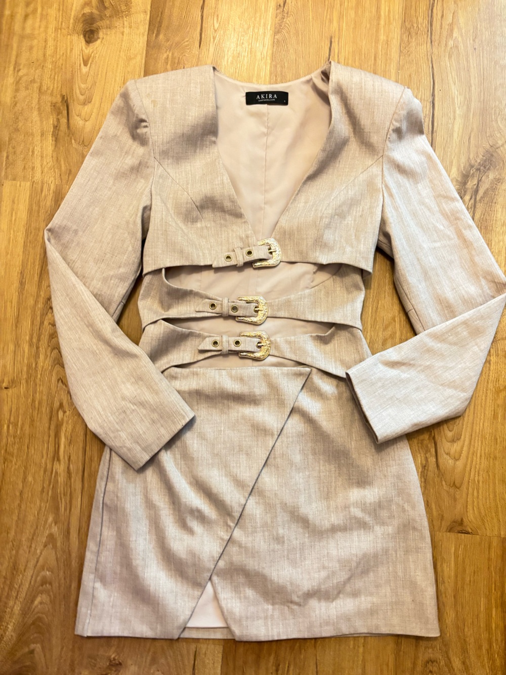 AKIRA Western Buckle Cut-Out Blazer Dress in Sand